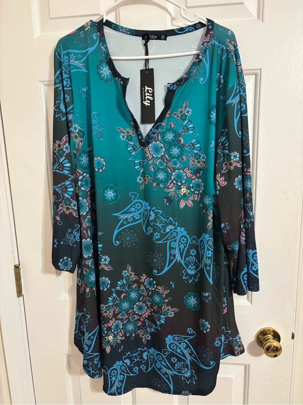 Lily Teal & Black Floral Split-Neck Tunic